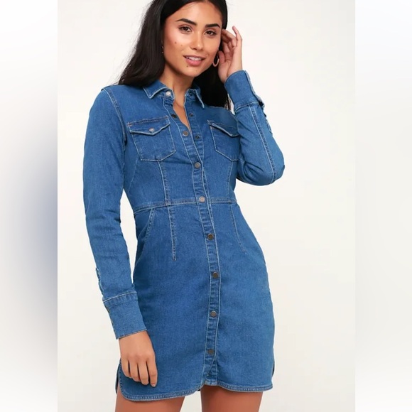 Free People Dynomite Medium Wash Long Sleeve Denim Dress - Picture 4 of 10